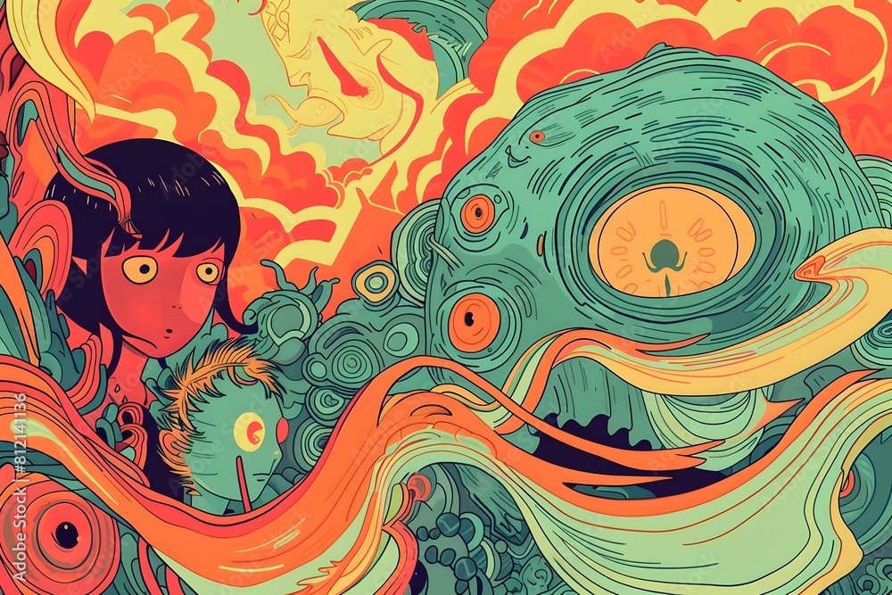 Stylized Cartoon Personas Amidst Swirling Abstract Shapes and Emotive Linework in Ominous Fantastical Motifs