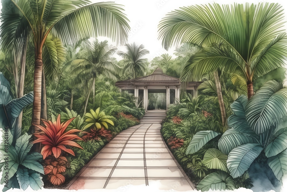 Fototapeta premium A vibrant artist's depiction of a winding path amid lush foliage in a tropical Queensland botanic garden. Australia