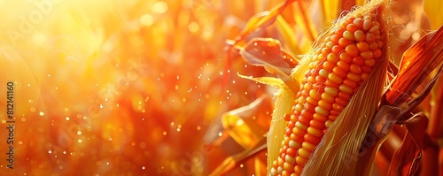 A single  perfectly ripe ear of corn with golden yellow kernels  displayed on the right side of the banner. Copyspace fills the left side for shop information.