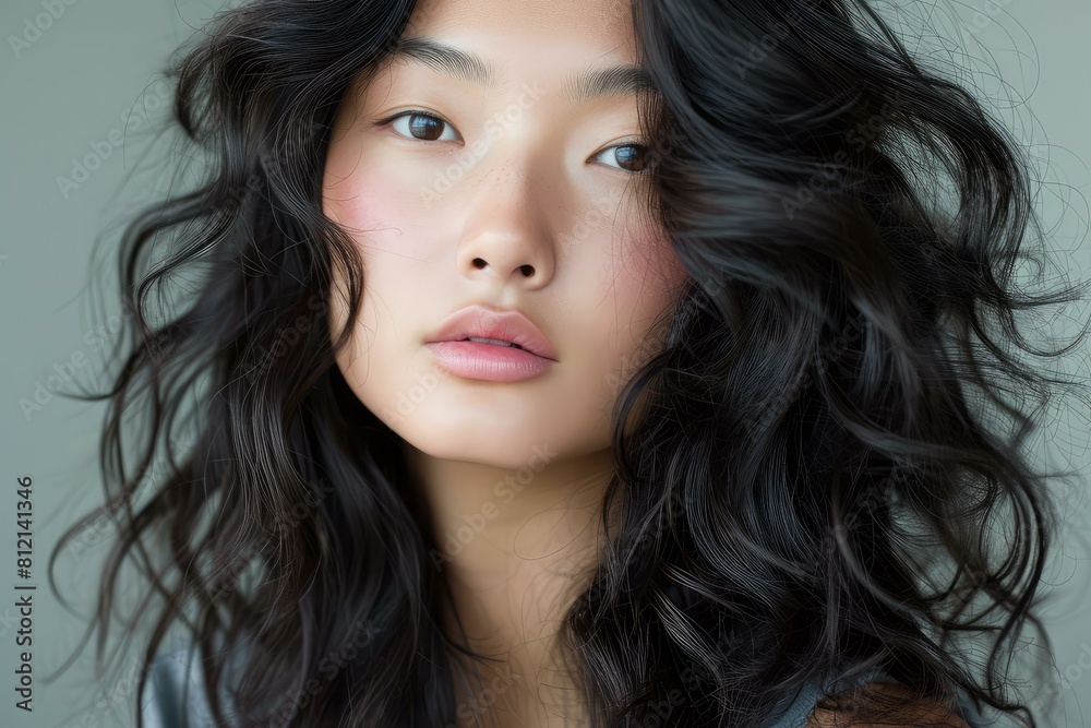 Close-up of a young woman with voluminous curly hair and a soft, introspective gaze Close-up of a young woman with voluminous curly hair and a soft, introspective gaze