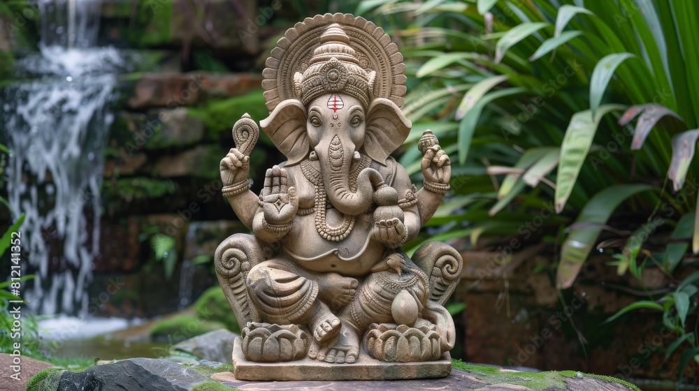 Sandstone sculpture of Ganesha, depicted with his consort, in a tranquil garden setting