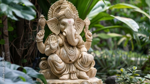 Sandstone sculpture of Ganesha, depicted with his consort, in a tranquil garden setting photo