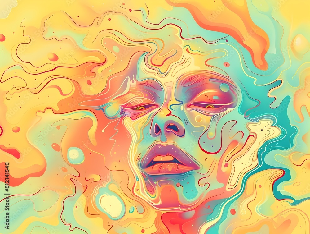 Vibrant Surreal Cartoon Faces Set Against Abstract Dreamlike Backdrops in Digital Technique