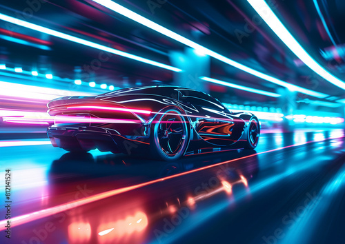 The vehicle of the future glides through the city streets, its lights creating surreal, shimmering lines.