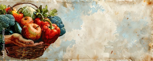 A vintage-style illustration of a hand holding a basket overflowing with fresh, colorful vegetables, positioned on the left side of the banner. Copyspace fills the right.