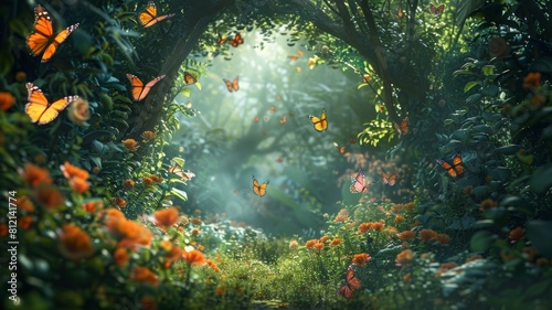 The photo shows a beautiful  lush forest with a path leading through it