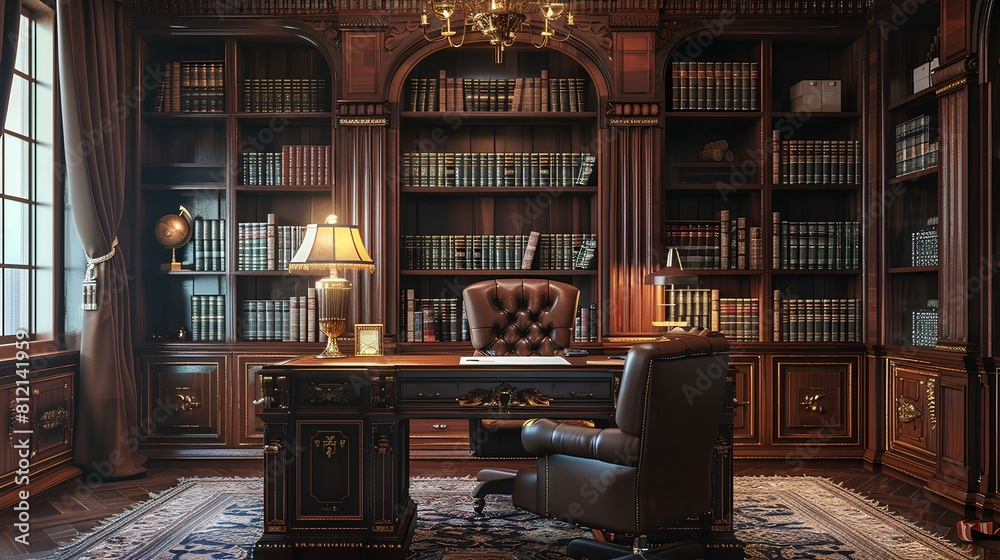 A home office with a large wooden desk, leather chair, and bookshelves filled with books.