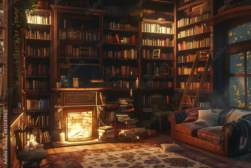 A cozy library with a fireplace and a comfortable couch. Perfect for relaxing and reading a good book.