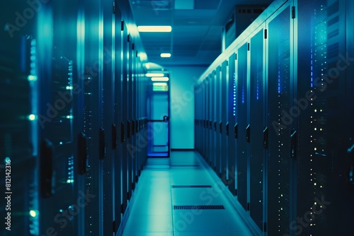 Rows of server racks with bright lights in a data center.