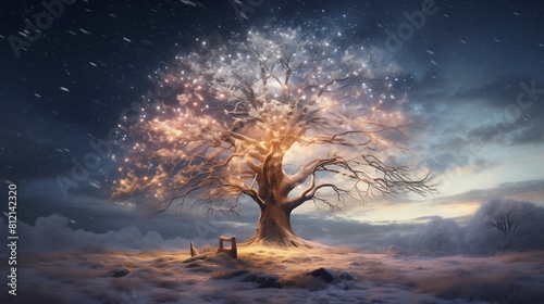 A magical view of a sparkling tree outdoor