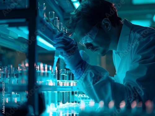 Scientist wearing a lab coat and safety goggles works in a laboratory with test tubes and other equipment.