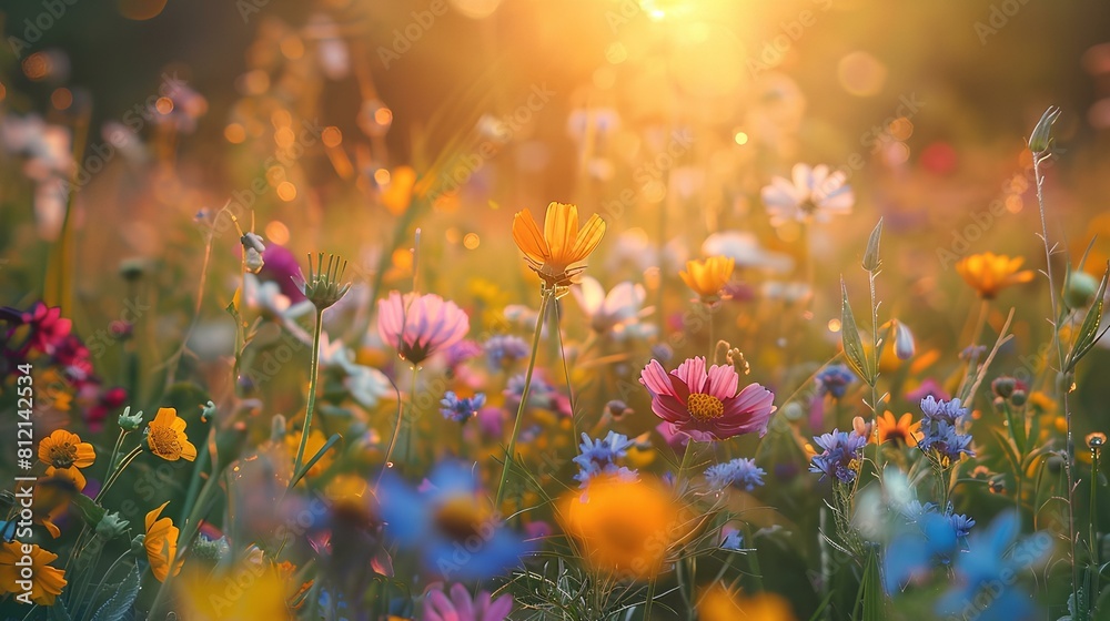 The image shows a meadow full of colorful wildflowers. The sun is shining brightly in the background, casting a warm glow over the scene.