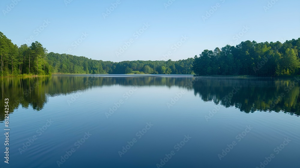 The image shows a beautiful lake on a sunny day