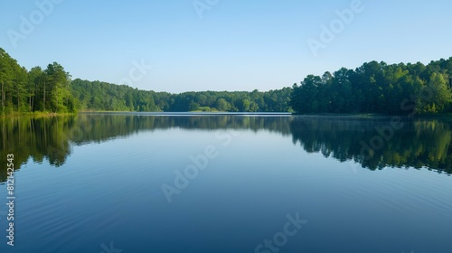 The image shows a beautiful lake on a sunny day