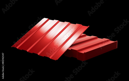 Red Metallic Stacks Of Corrugated Galvanised Iron For Roof Sheet On Black Background 3d Illustration