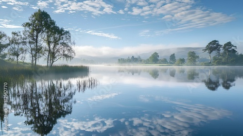 The lake is calm and still, reflecting the sky above.