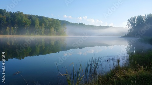 The morning fog gently lifts off the lake, revealing a beautiful summer day.