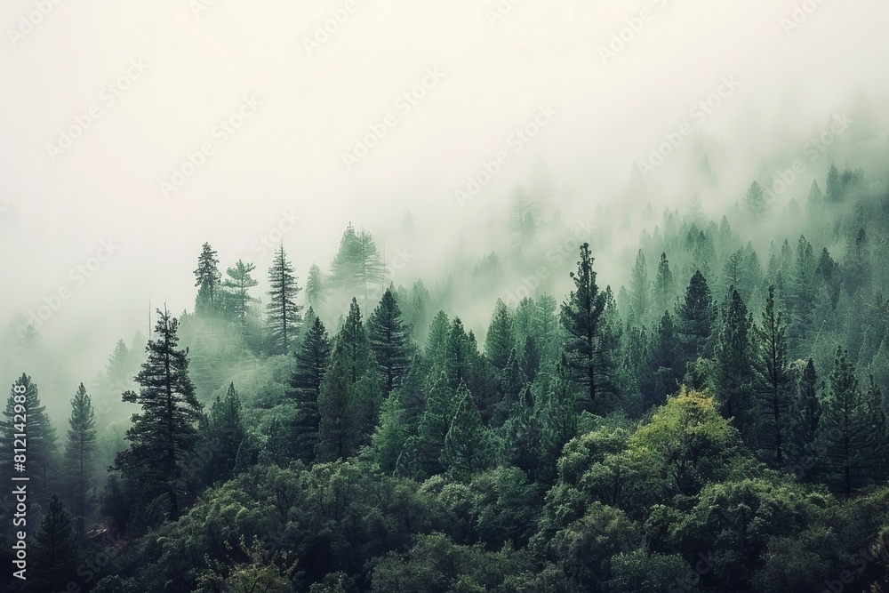 Misty Forest Landscape, Serenity in Nature Concept