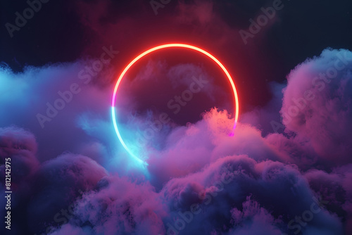 3d render, colorful neon ring glowing inside the stormy cloud on the dark sky, abstract background © Areesha
