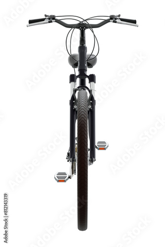 Black bicycle, front view. Black leather saddle and handles. Png clipart isolated on transparent background