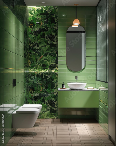 Serene bathroom with botanical wall and sleek interiors.