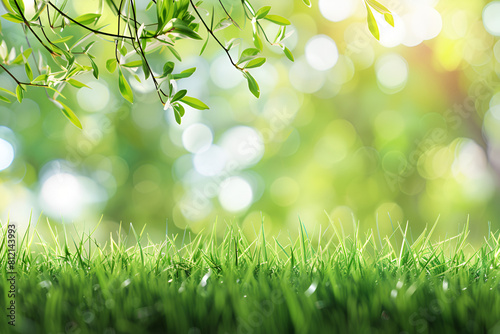 A fresh spring sunny garden background of green grass and blurred foliage bokeh.