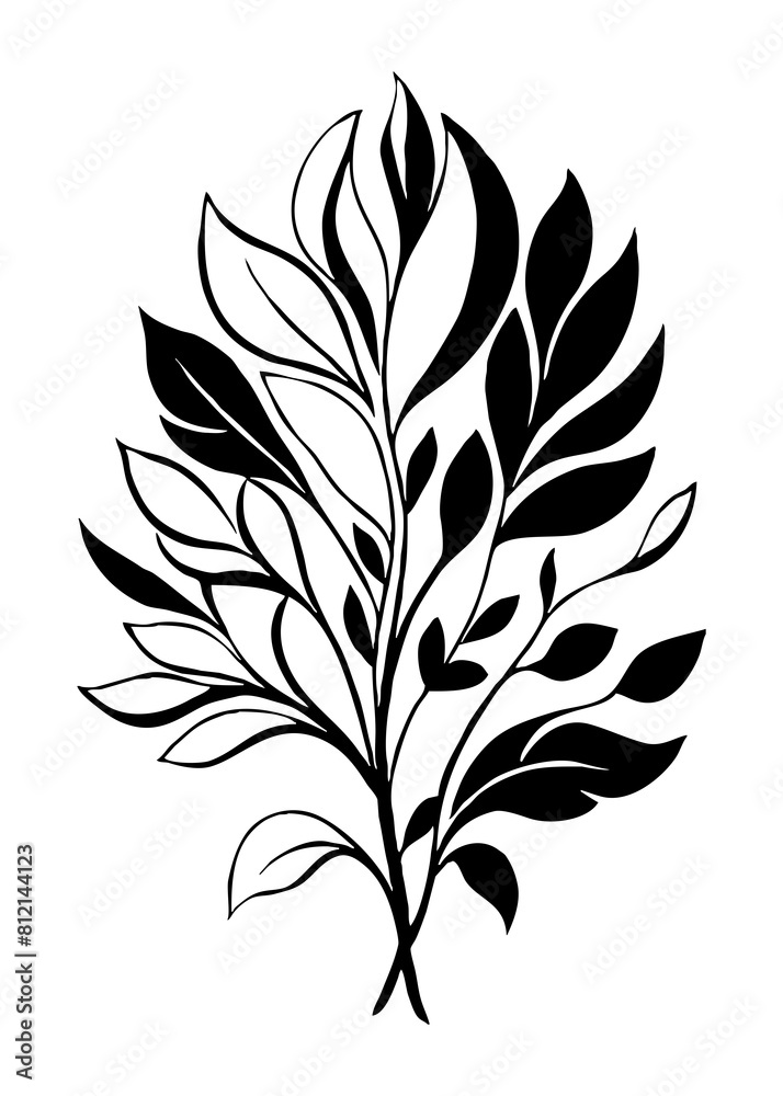 Botanical black and white pattern. Abstract plant shapes. Minimalist illustration for printing on wall decorations, for use in graphics, for tattoos. Generated by Ai Botanical black and white pattern. Abstract plant shapes. Minimalist illustration for printing on wall decorations, for use in graphics, for tattoos. Generated by Ai