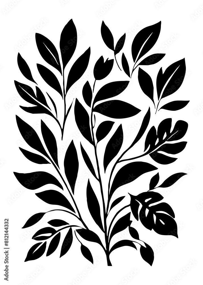Botanical black and white pattern. Abstract plant shapes. Minimalist illustration for printing on wall decorations, for use in graphics, for tattoos. Generated by Ai Botanical black and white pattern. Abstract plant shapes. Minimalist illustration for printing on wall decorations, for use in graphics, for tattoos. Generated by Ai