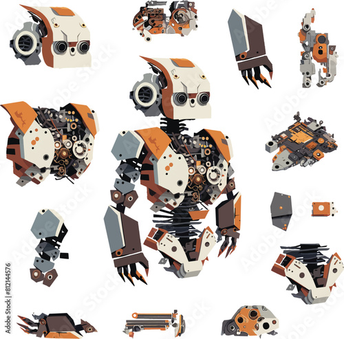 Disassembled robot mech style concept illustration. Indie game design vector graphics.