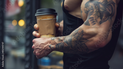 masculine arms covered in tattoos holding paper cup with black lid 