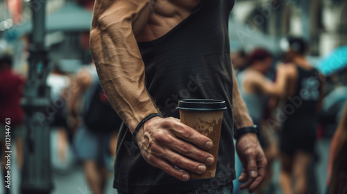 masculine arm holding paper cup with black lid 