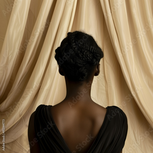 back of ablack women in a black open back dress in front of a beige curtains