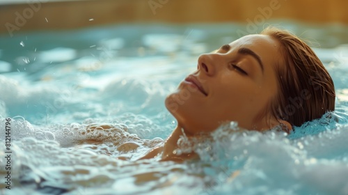 Woman in hot tub, eyes closed, soaking in water with relaxed facial expression