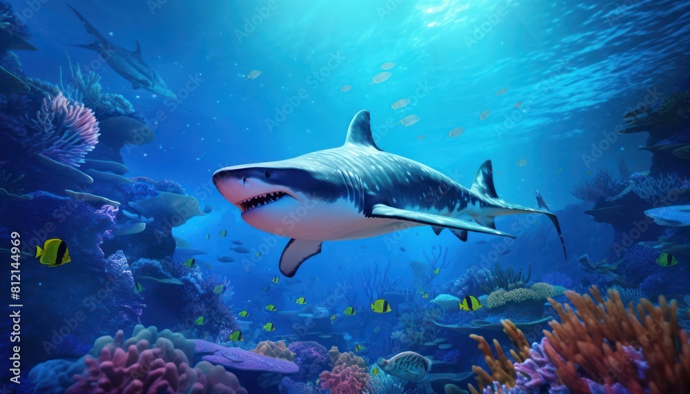 The great White Shark in the ocean, portrait of White shark hunting prey in the underwater The great White Shark in the ocean, portrait of White shark hunting prey in the underwater