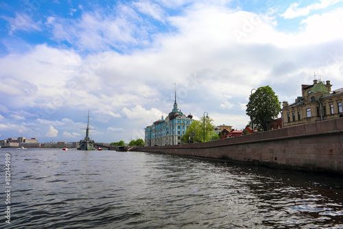 Rivers and canals of St. Petersburg, view from the river to the buildings of the city, the embankment of the river and canals.