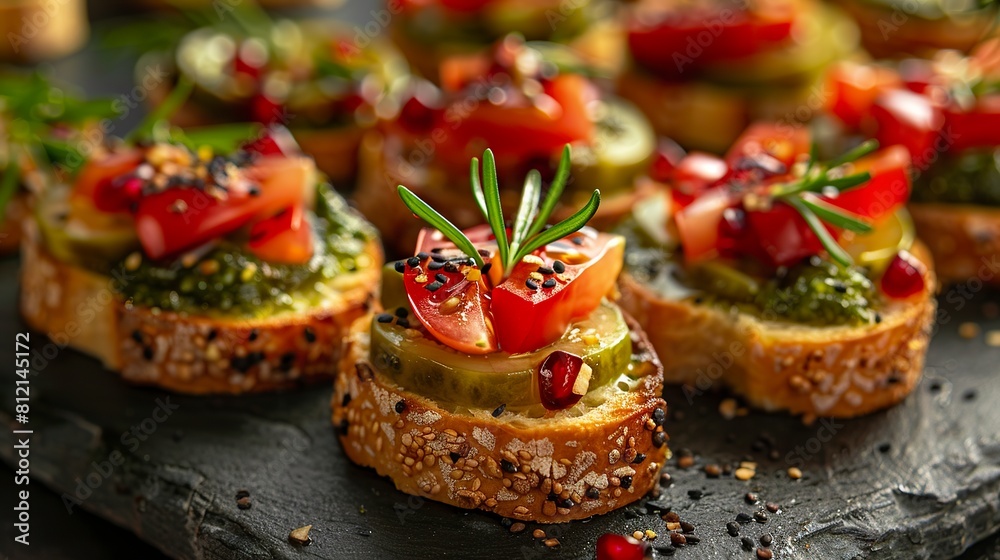 Organic canapes with a palette of green and red tones in an irresistible close-up evoking freshness and vitality. Canapes carefully arranged to create a visually stimulating composition.