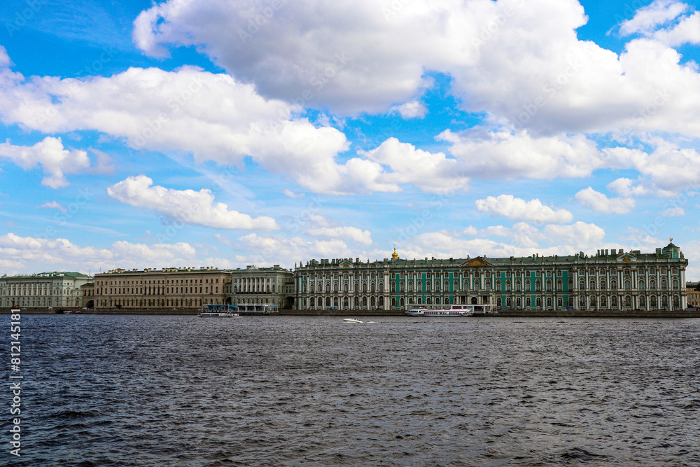 Rivers and canals of St. Petersburg, view from the river to the buildings of the city, the embankment of the river and canals.