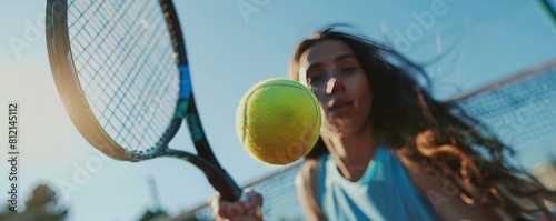 Tennis ball with a racket hit by a woman tennis player