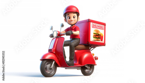 3D Character of Food Delivery Person on Scooter with Red Helmet and Uniform