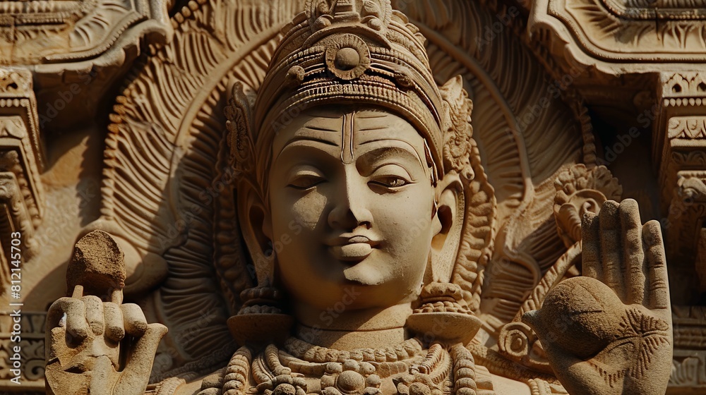 Sandstone relief of Brahma from a historic Indian temple, showcasing traditional architectural art
