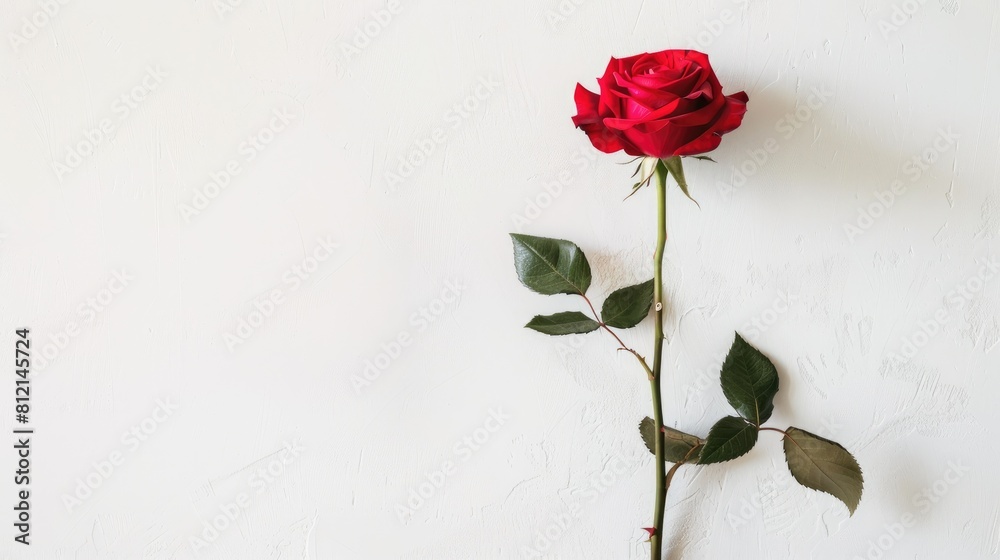 A single striking long stemmed red rose stands out elegantly against a pristine white backdrop A single striking long stemmed red rose stands out elegantly against a pristine white backdrop