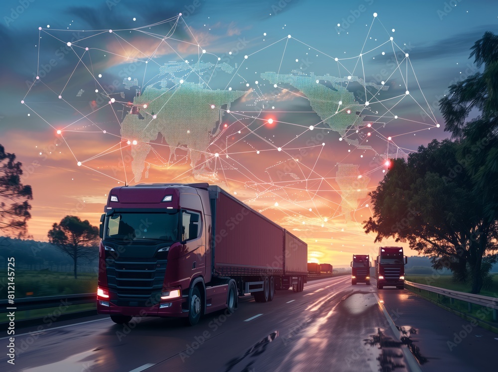 A truck driving down the road, with a global map background showing connecting lines and a blue sky sunset, surrounded by technological digital connections. 