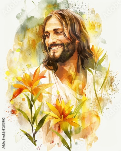 Springtime Christian Greeting Card with Smiling Jesus Generative AI
