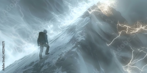 A man climbs a snowy mountain encounters glowing particles conquers summit. Concept Adventure, Snowy Mountain, Glowing Particles, Summit Conquest, Climbing, Achievement