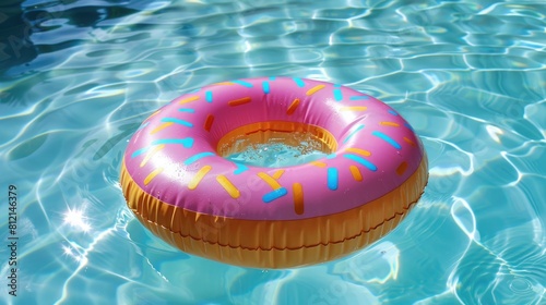 A vibrant inflatable donut floating in the swimming pool
