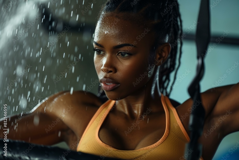 Obraz premium Focused young woman exercising with sweat glistening on her skin under dramatic lighting