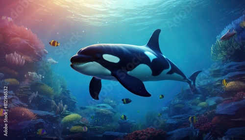The Orcinus Orca in the ocean  portrait of Orca hunting prey in the underwater