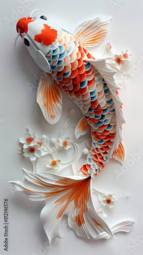 Wallpaper Mural Beautifully crafted koi fish in vibrant orange and white hues, adorned with delicate floral elements, against a clean background Torontodigital.ca