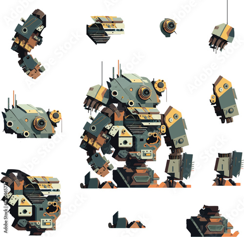Disassembled robot mech style concept illustration. Indie game design vector graphics.