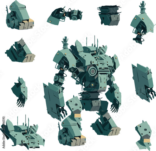 Disassembled robot mech style concept illustration. Indie game design vector graphics.